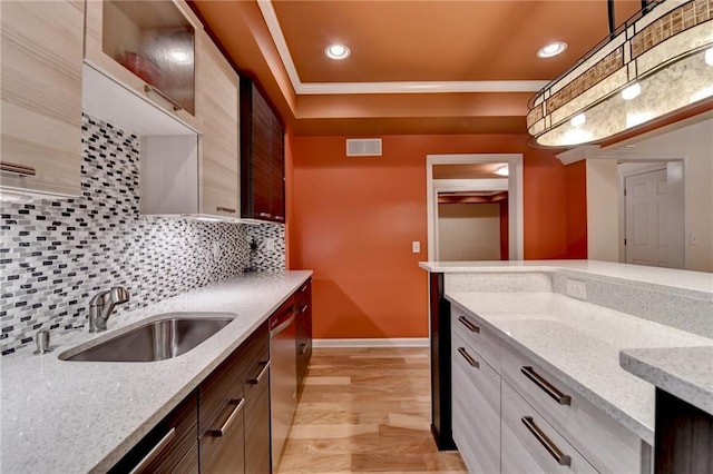 12130 Helleri Holw, Alpharetta, GA 30005 - kitchen featuring a sink, stainless steel dishwasher, hanging light fixtures, decorative backsplash, and recessed lighting