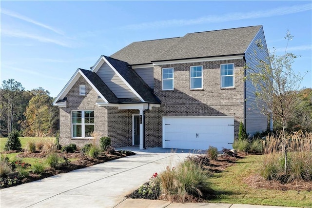 view of front of house with a garage, driveway, brick siding, and roof with shingles