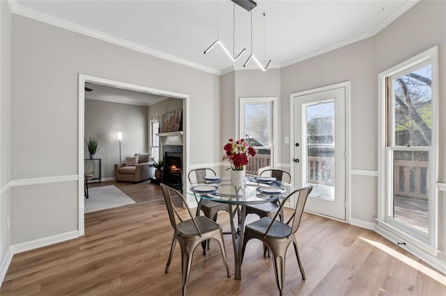 dining space with ornamental molding, a warm lit fireplace, light wood-style flooring, and baseboards