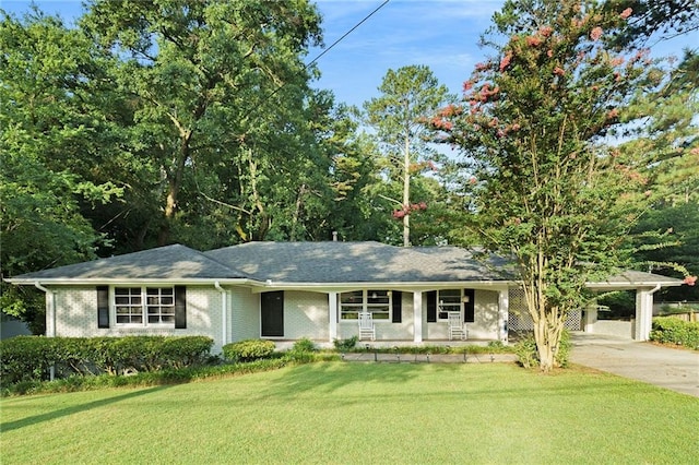 ranch-style home featuring a front lawn and a carport