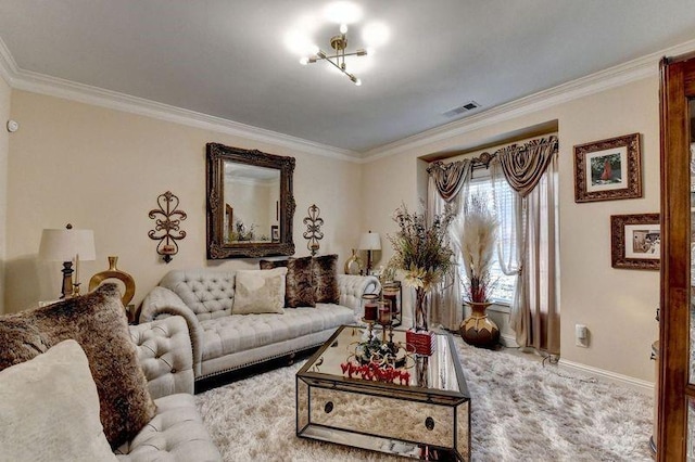 carpeted living room with crown molding