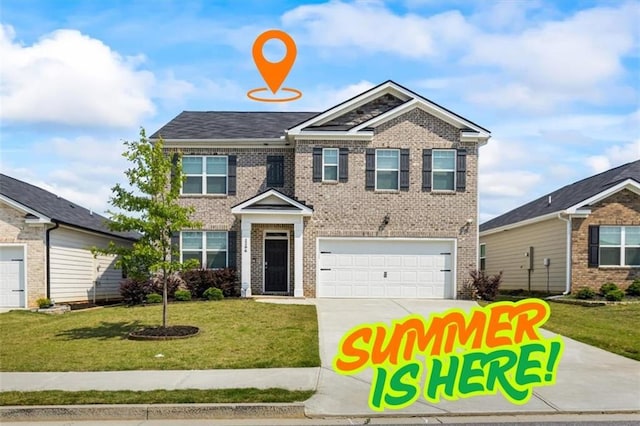 2296 Waycross Ln, Dacula, GA 30019 - view of front of property featuring driveway, a front yard, an attached garage, and brick siding