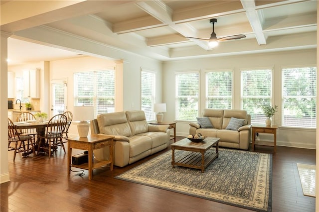 sunroom / solarium featuring a sink, beamed ceiling, and coffered ceiling