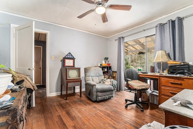 office with ornamental molding, ceiling fan, hardwood / wood-style floors, and baseboards