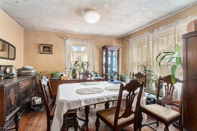 dining space with a textured ceiling and hardwood / wood-style flooring