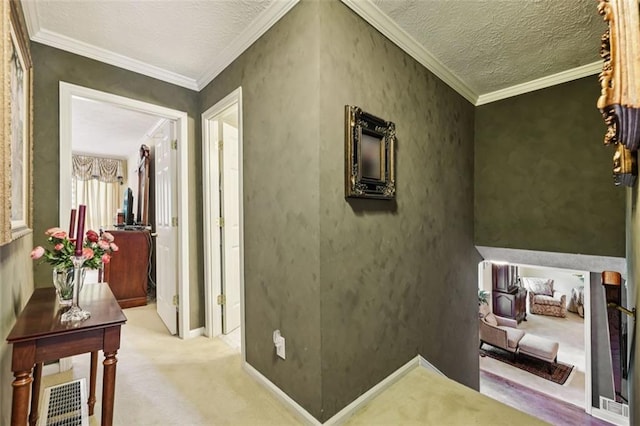 1487 W Bend Creek Ct, Atlanta, GA 30338 - hall featuring a textured ceiling, carpet, baseboards, and crown molding