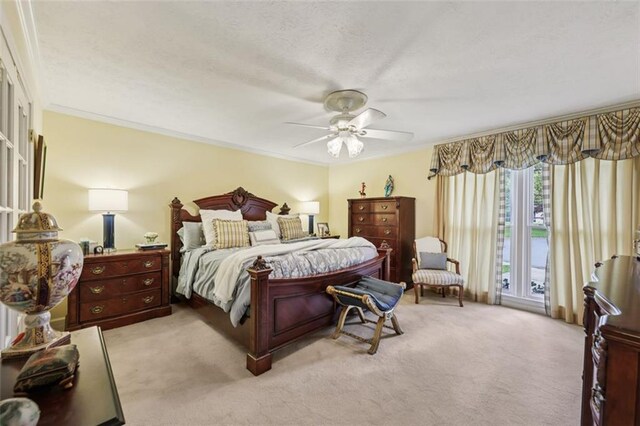 1487 W Bend Creek Ct, Atlanta, GA 30338 - bedroom featuring light carpet, ceiling fan, crown molding, and a textured ceiling