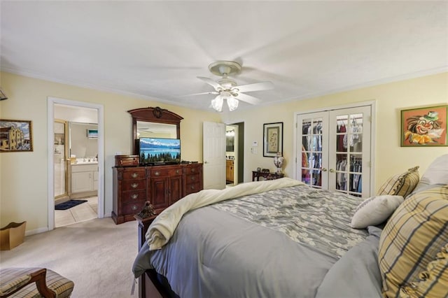 1487 W Bend Creek Ct, Atlanta, GA 30338 - bedroom with french doors, ensuite bath, light carpet, ceiling fan, and ornamental molding
