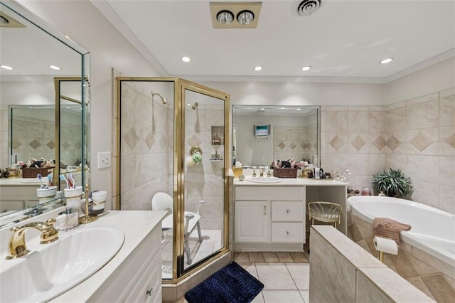 1487 W Bend Creek Ct, Atlanta, GA 30338 - bathroom featuring two vanities, a shower stall, a bath, ornamental molding, and tile patterned floors