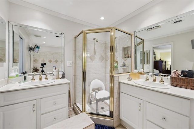 1487 W Bend Creek Ct, Atlanta, GA 30338 - bathroom with two vanities, a stall shower, ensuite bathroom, ornamental molding, and recessed lighting
