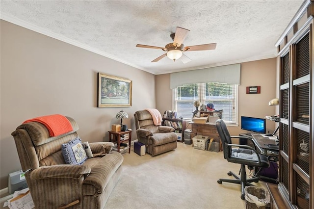 1487 W Bend Creek Ct, Atlanta, GA 30338 - office featuring ceiling fan, carpet floors, crown molding, and a textured ceiling
