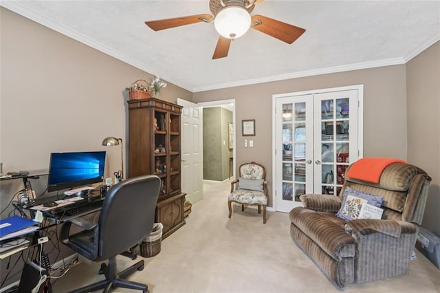 1487 W Bend Creek Ct, Atlanta, GA 30338 - office area featuring french doors, carpet flooring, crown molding, and a ceiling fan