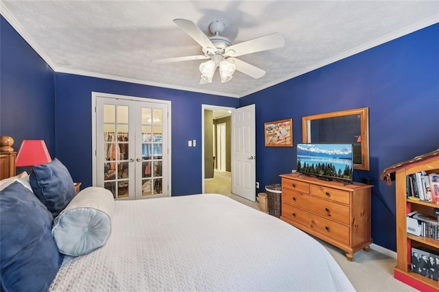 1487 W Bend Creek Ct, Atlanta, GA 30338 - bedroom featuring french doors, carpet, a ceiling fan, baseboards, and ornamental molding