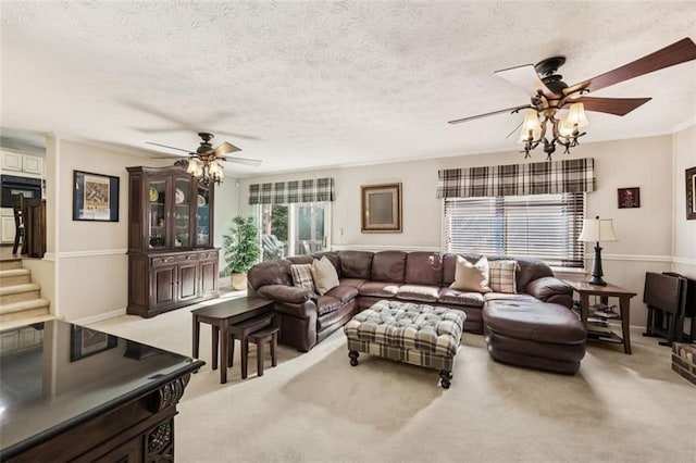 1487 W Bend Creek Ct, Atlanta, GA 30338 - living room with a ceiling fan, light carpet, crown molding, and a textured ceiling