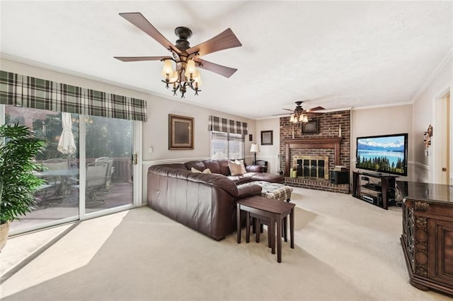 1487 W Bend Creek Ct, Atlanta, GA 30338 - living room with ornamental molding, light colored carpet, a ceiling fan, and a brick fireplace
