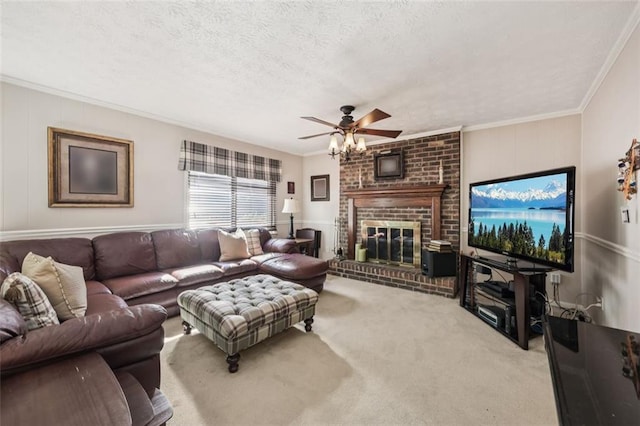 1487 W Bend Creek Ct, Atlanta, GA 30338 - living area featuring ornamental molding, carpet, a ceiling fan, a fireplace, and a textured ceiling