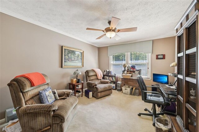1487 W Bend Creek Ct, Atlanta, GA 30338 - office featuring ceiling fan, carpet floors, crown molding, and a textured ceiling