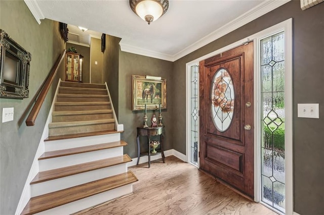 1487 W Bend Creek Ct, Atlanta, GA 30338 - entryway with stairway, wood finished floors, crown molding, and baseboards