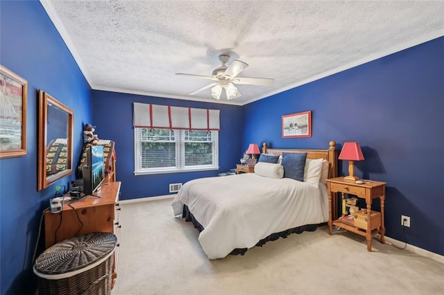 1487 W Bend Creek Ct, Atlanta, GA 30338 - carpeted bedroom with ornamental molding, baseboards, a ceiling fan, and a textured ceiling