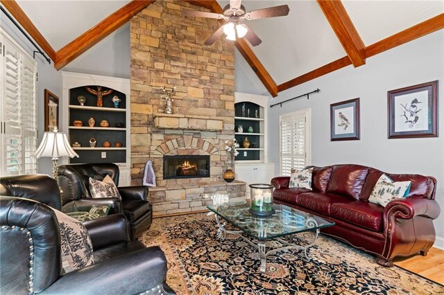 519 River Estates Parkway, Canton, GA 30115 - living area with a ceiling fan, high vaulted ceiling, and beamed ceiling