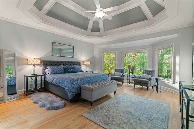 519 River Estates Parkway, Canton, GA 30115 - bedroom with ornamental molding, light wood finished floors, multiple windows, and coffered ceiling