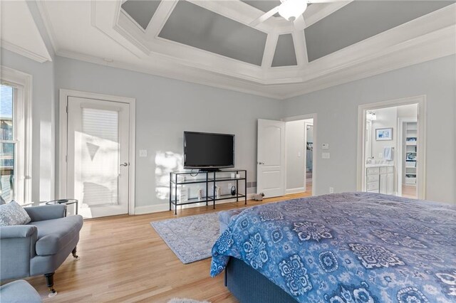 519 River Estates Parkway, Canton, GA 30115 - bedroom featuring connected bathroom, ornamental molding, coffered ceiling, and wood finished floors