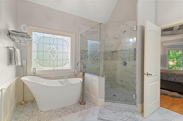 519 River Estates Parkway, Canton, GA 30115 - ensuite bathroom featuring marble finish floor, lofted ceiling, a marble finish shower, ensuite bathroom, and a soaking tub