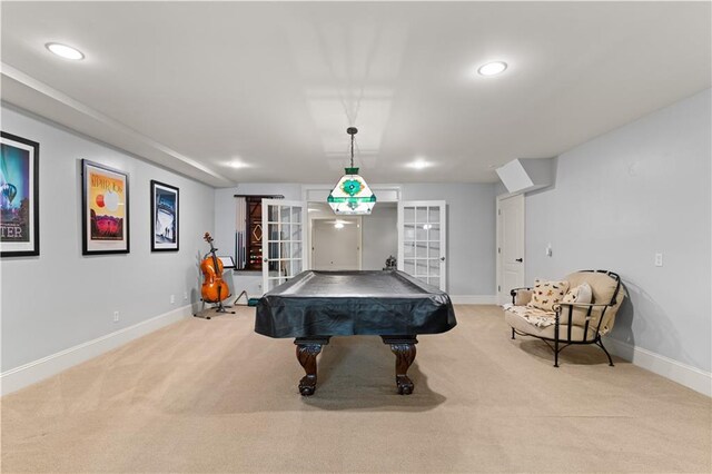 519 River Estates Parkway, Canton, GA 30115 - recreation room with baseboards, carpet, french doors, and billiards
