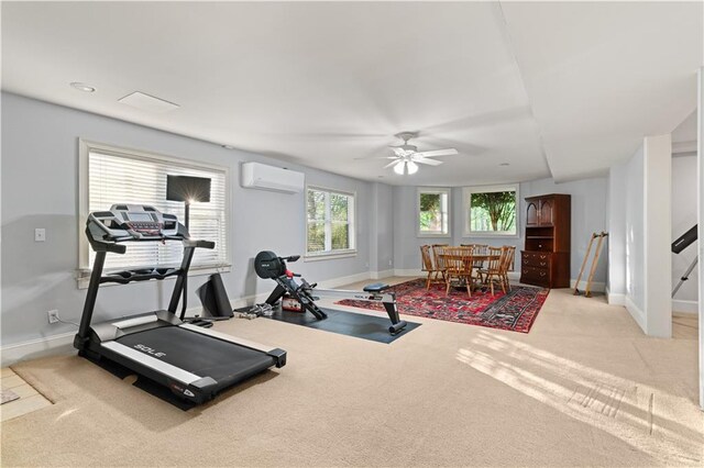 519 River Estates Parkway, Canton, GA 30115 - workout area featuring baseboards, a wall mounted air conditioner, a ceiling fan, and light carpet