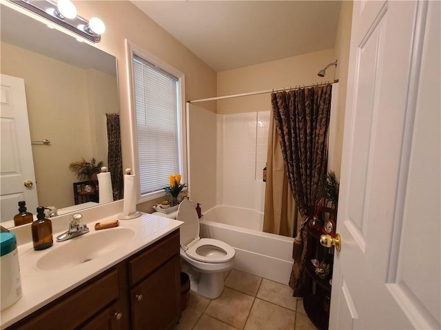 bathroom featuring toilet, shower / bath combination with curtain, vanity, and tile patterned floors