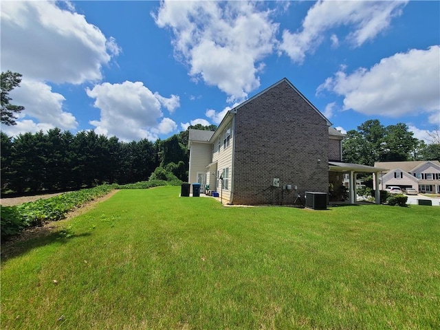 view of property exterior featuring cooling unit, brick siding, and a lawn