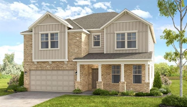 82 Sheryl Way, Loganville, GA 30052 - craftsman inspired home featuring a garage, concrete driveway, board and batten siding, a front lawn, and roof with shingles