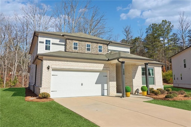 view of front of property featuring a garage, brick siding, concrete driveway, stone siding, and a front lawn