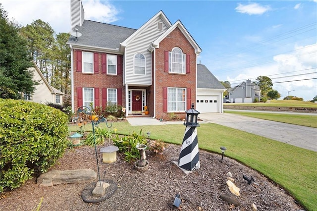 view of front of property featuring a chimney, concrete driveway, a front lawn, a garage, and brick siding