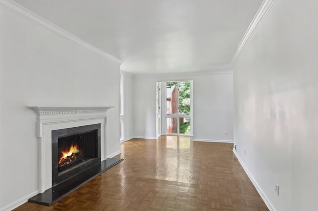 49 Willow Gln, Atlanta, GA 30342 - unfurnished living room featuring a lit fireplace, baseboards, and ornamental molding