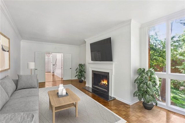 49 Willow Gln, Atlanta, GA 30342 - living area with ornamental molding, a lit fireplace, and baseboards