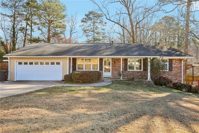 ranch-style house featuring a garage, concrete driveway, brick siding, and a front lawn