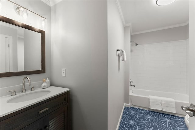 full bathroom with crown molding, vanity, baseboards, and  shower combination