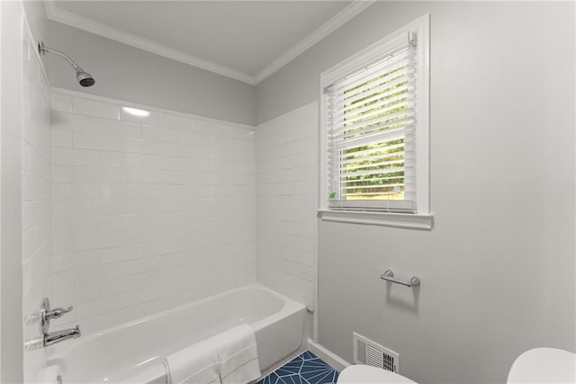 full bathroom with toilet, crown molding, shower / tub combination, baseboards, and tile patterned flooring