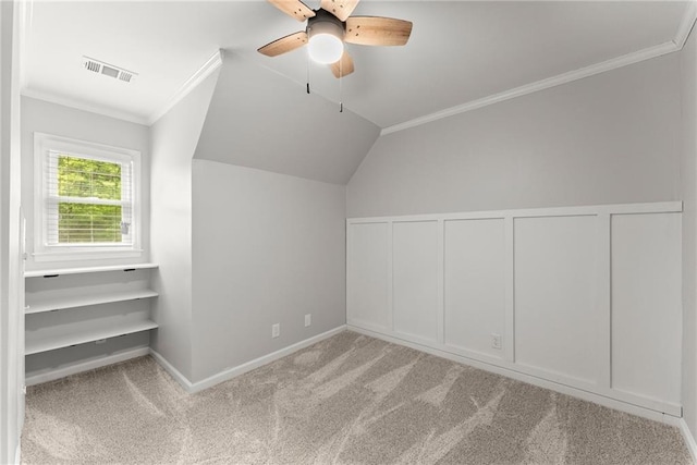 bonus room featuring carpet floors, a ceiling fan, vaulted ceiling, and baseboards
