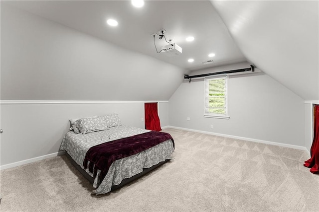 carpeted bedroom featuring baseboards, vaulted ceiling, and recessed lighting