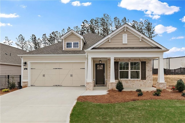1216 Cedarcrest Blvd, Acworth, GA 30101 - craftsman inspired home featuring fence, driveway, covered porch, roof with shingles, and a garage