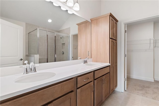 1216 Cedarcrest Blvd, Acworth, GA 30101 - full bath featuring a shower stall, tile patterned flooring, a sink, and double vanity
