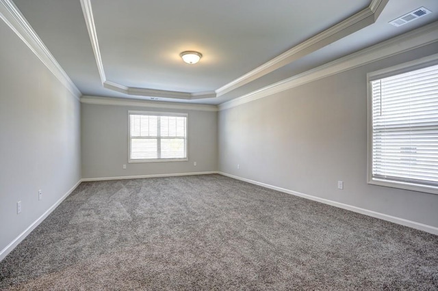 carpeted empty room featuring a raised ceiling and ornamental molding