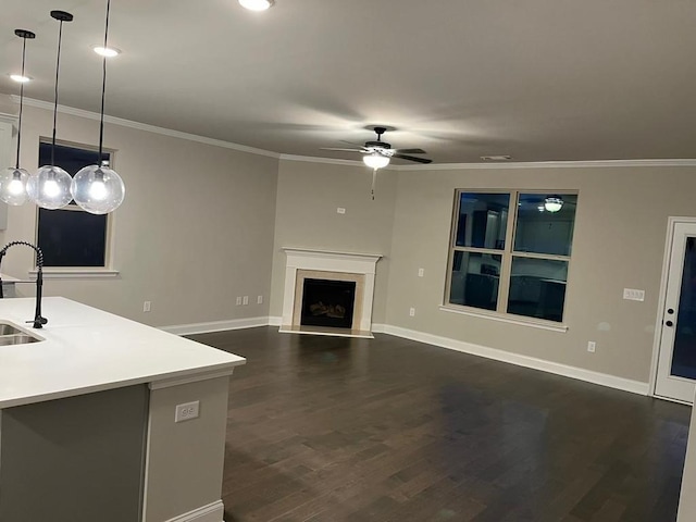 unfurnished living room with crown molding, dark hardwood / wood-style floors, and sink