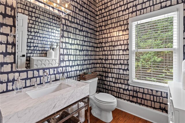 bathroom with a sink, toilet, and wood finished floors