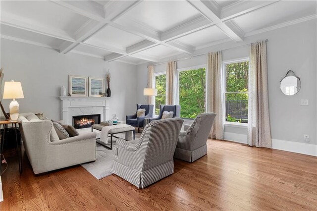 living area with a healthy amount of sunlight, beamed ceiling, a fireplace, and wood finished floors
