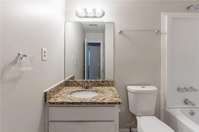 full bathroom with shower / bathing tub combination, vanity, toilet, and visible vents