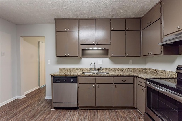 kitchen with under cabinet range hood, baseboards, dark wood-style flooring, a sink, and stainless steel appliances
