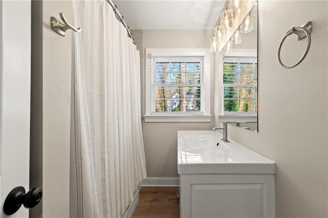 bathroom with hardwood / wood-style flooring and vanity